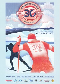 Two skiers heading into the distance, One skier has a race bib with 30 1991 - 2021