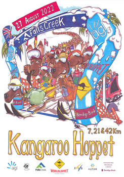A cartoon image of hundreds of kangaroo skiers crossing the finish line.