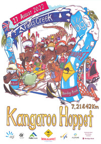A cartoon image of hundreds of kangaroo skiers crossing the finish line.