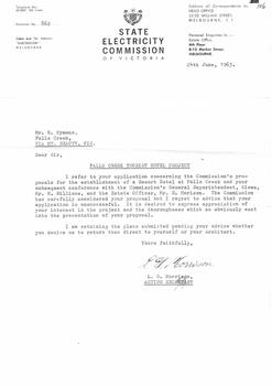 Letter informing Mr Hymans that his proposal for motel was unsuccessful