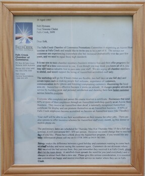 Framed letter from the Falls Creek Chamber of Commerce
