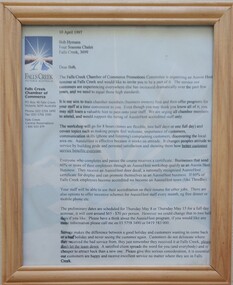 Framed letter from the Falls Creek Chamber of Commerce