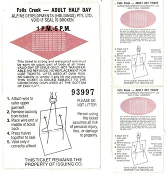 Adult Tickets Day and Half Day 1980