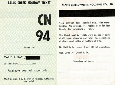 Incomplete Falls Creek Holiday Ticket 1970