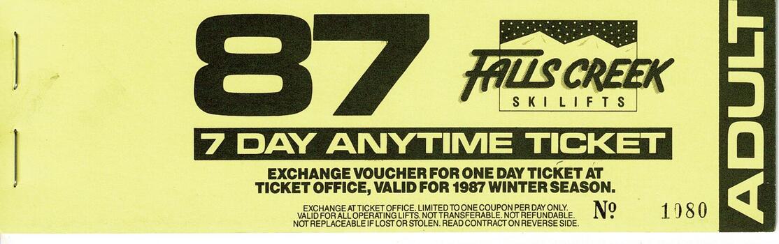 Seven day Adult Anytime TIcket Valid for 1987 Winter Season