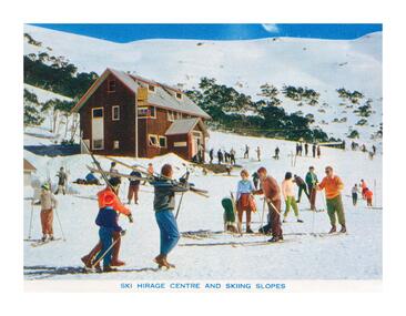 Ski hire centre and many skiers on the slopes