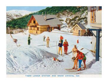 Coloured image of T-Bar lower station and Snow Crystal Inn