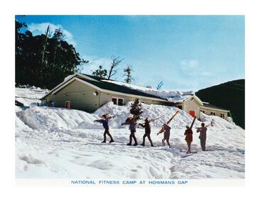 People walking in front of the National Fitness Camp at Howman's Gap.