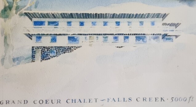 A painting of Grand Coeur Chalet at Falls Creek'