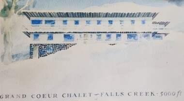 A painting of Grand Coeur Chalet at Falls Creek'