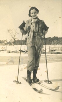 Joan Martin on skis Omeo Road