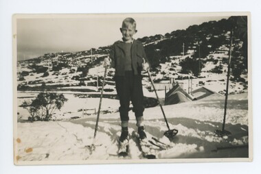 John Meyer at Rocky Valley, Bogong High Plains. Rocky Valley Camp can be seen in the background.
