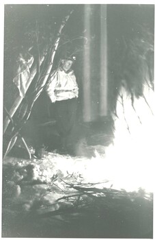 Campfire on Eskdale Spur. Ray Meyer watching the flames.