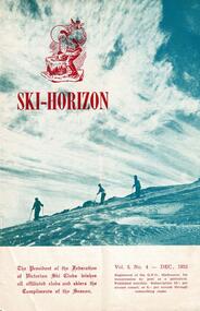 Three skiers on a slope beneath cloudy skies. A red sketch of Father Christmas is at the top left.