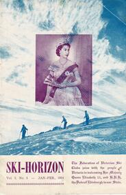 Three skiers on a slope beneath cloudy skies. An official portrait of Queen Elizabeth II is included.