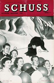 Background image of skier, lower image revellers at the SCV Ball