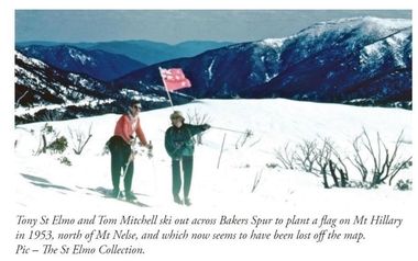 Tony St. Elmo and Tom Mitchell plant New Zealand flag at Mt. Hillary