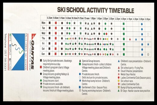 Ski School Activity Timetable 1989