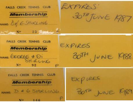 Falls Creek Tennis Club Membership 1987 - 1989