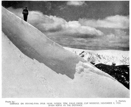 Skier at Cornice on Frying-Pan Spur looking towards Spion Kopje.