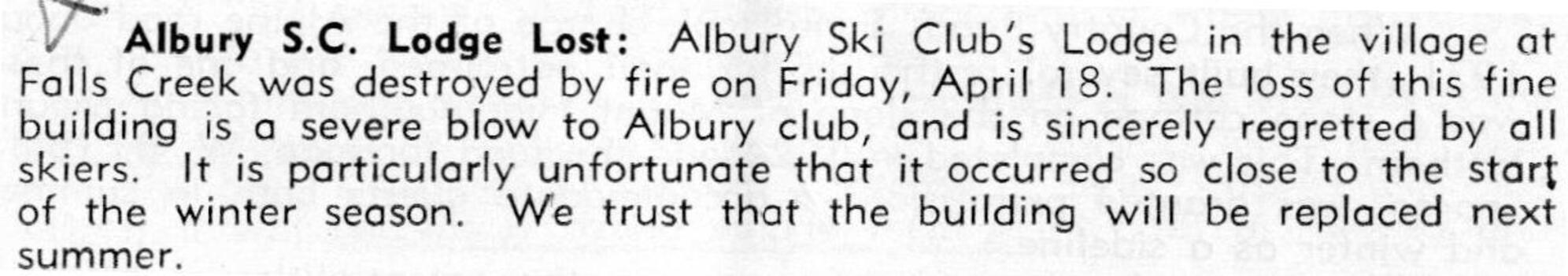 Albury Ski Club Fire on 18th April 1958