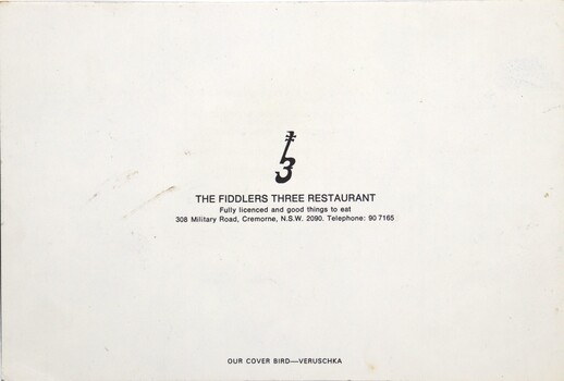 Advertising for Fiddlers Three Restaurant