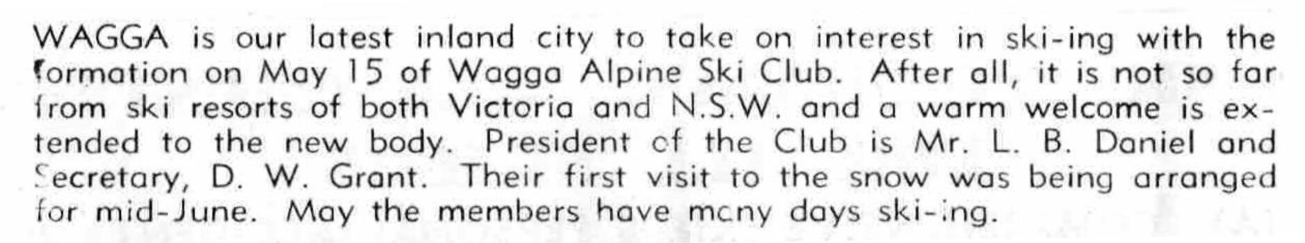 Wagga Alpine Ski Club formed