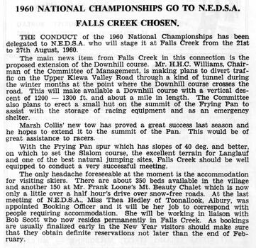 Falls Creek to host National Championships for 1960