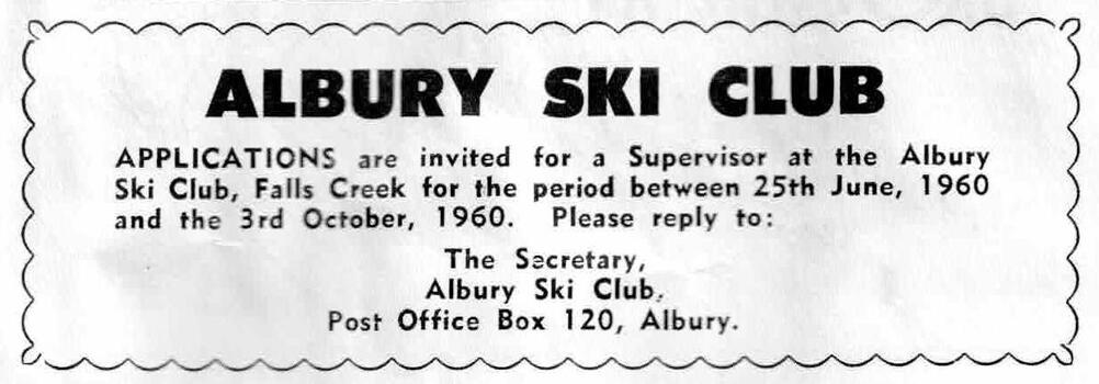 Albury Ski Club supervisor vacancy