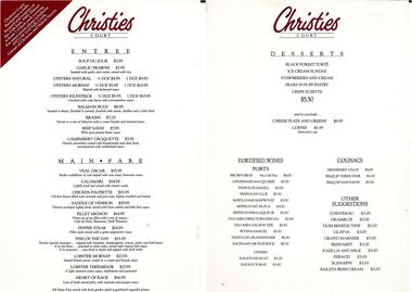 Christies Court Menu, Pretty Valley