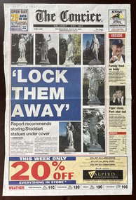 Work on paper - Newspaper report on Stoddart Statues, "Lock Them Away" by Andrew Eales, City Council Reporter, Courier, Wednesday 10th July 2022, Page 1 & 2