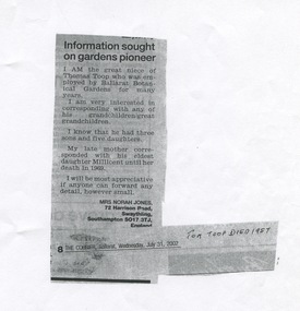 Work on paper - Information sought on gardens pioneer, Thomas TOOP, Courier newspaper, 2002