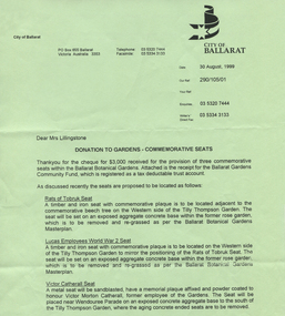 Work on paper - Donation to the Ballarat Botanical Gardens, Three Commemorative Seats, 30th August 1999