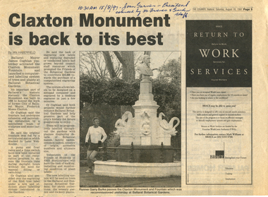 Work on paper - "Claxton Monument is back to its best." Ballarat Courier, 15/8/97 and the launching of a computerised labelling system of trees and plants in the Gardens, The Recommissioning of the Monument in the Ballarat Botanical Gardens and the Engraving of the first tree label, 15/8/1997