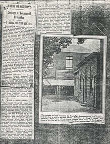 Work on paper - "Haunt of Gordon's" Newspaper Article pre 1934, Cottage a Treasured Reminder: A Relic of the Sixties", pre 1934