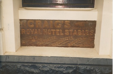 Work on paper - Address Delivered by Mr A.E.C.Kerr, President, Adam Lindsay Gordon Memorial Cottage Committee, 3/4/1938, To honour the Late President Mr Fred J. Martell. Photograph attached of metal plaque at Craig's Hotel entitled "Royal Hotel Stables", 3/4/1938. Photograph-date unknown