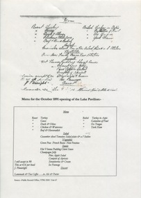 Work on paper - Menu for the October 1891 opening of the Lake Pavilion. PRC, VPRS 2500, Unit 67, The Lake Pavilion Now Piper's at Lake Wendouree