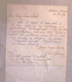 Work on paper - Letter to Mr Perry, Town Clerk from Thomas Rooney 18/11/1894, Three Staff to Work in the Section of the Ballarat Botanical Gardens Assigned to Thomas Rooney
