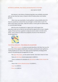 Work on paper - A presentation on the evolution of Botanical Gardens especially those in Australia, Botanical Gardens: Their history and development in Australia. John Garner. 4/2/2020