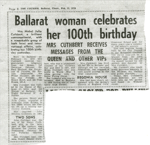 Work on paper - Mrs Mabel Julia Cuthbert, Philanthropist, Begonia House, Ballarat Botanical Gardens, Courier, 12/2/1970