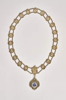 Mayoral chain for Strathfieldsaye.  Circular chain with 20 links and enameled medallion drop. 