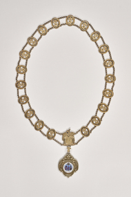 Mayoral chain for Strathfieldsaye.  Circular chain with 20 links and enameled medallion drop. 