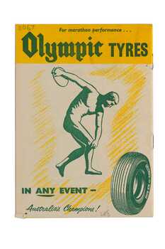 Back cover page of booklet. Full page advertisement for Olympic tyres. Printed in yellow and green ink.