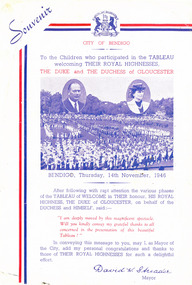 A5 red and blue printed pamphlet with an image of the opening event and portraits of the Duke and Duchess of Gloucester and a thank you note. Signed on behalf of their Royal Highnesses by David. W. Streader, Mayor. 