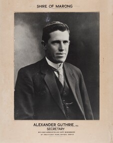 Photograph - Portrait of Alexander Guthrie, Alexander Guthrie / Secretary / Shire of Marong, c 1934