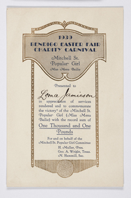 Certificate, Bendigo Easter Fair Charity Carnival, 1939