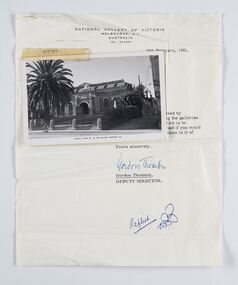 Letter - Correspondence between National Gallery of Victoria and Bendigo Art Gallery, Gorden Thomson, Deputy Director, National Gallery of Victoria, 16th February, 1961