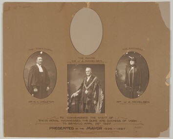 Work on paper - Commemorative photographic montage, Bartlett Bros, Duke and Duchess of York Royal Visit to Bendigo, 1927