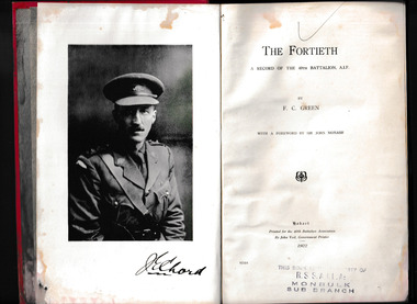 Book, Government Printer Tasmania, The Fortieth : a record of the 40th Battalion, A.I.F, 1922