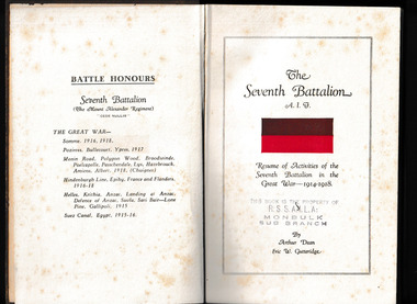 Book, A. Dean and E.W. Gutteridge et al, The Seventh Battalion, A.I.F. : resume of the activities of the Seventh Battalion in the Great War, 1914-1918, 1933